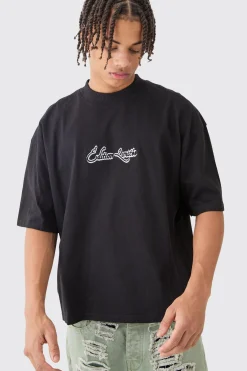 Oversized Boxy Extended Neck Embroidered Graphic T-shirt | UK^boohooMAN Clearance