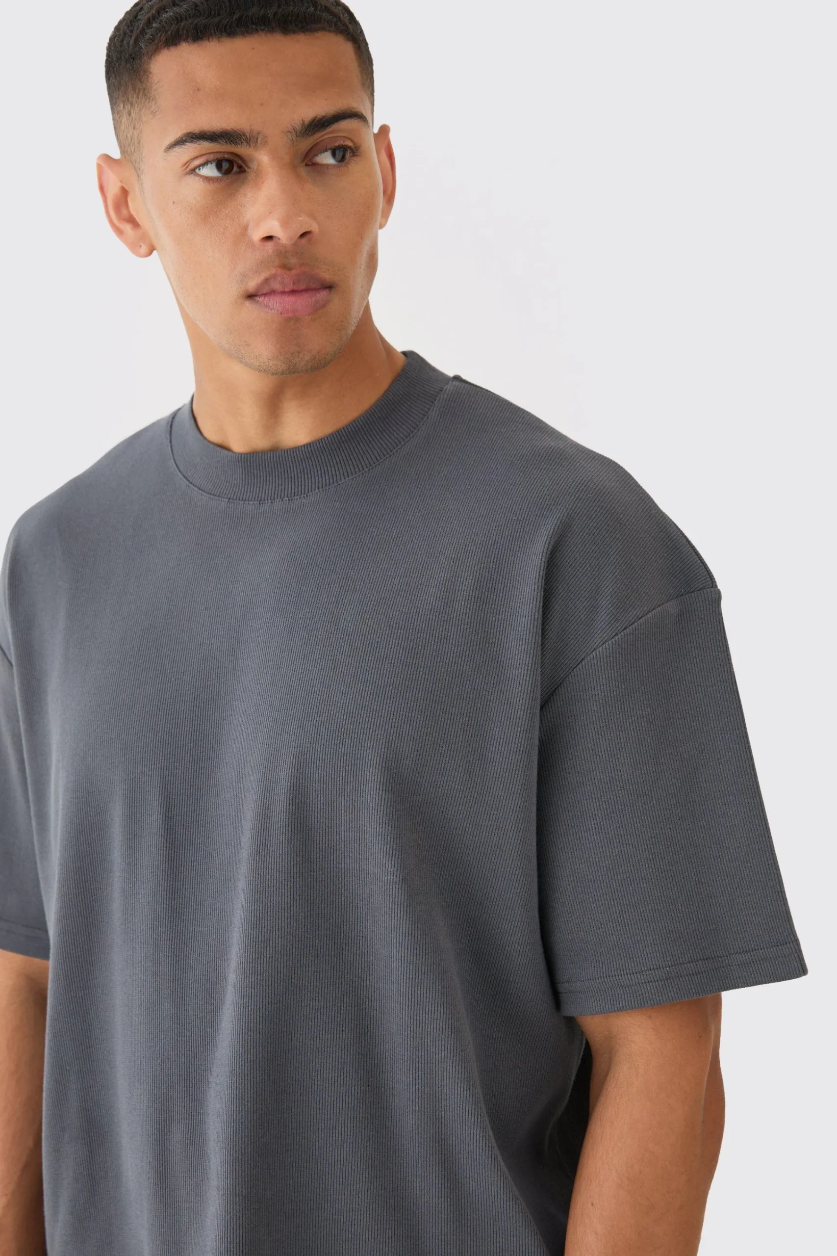 Oversized Boxy Extended Neck Heavyweight Ribbed T-shirt | UK^boohooMAN New