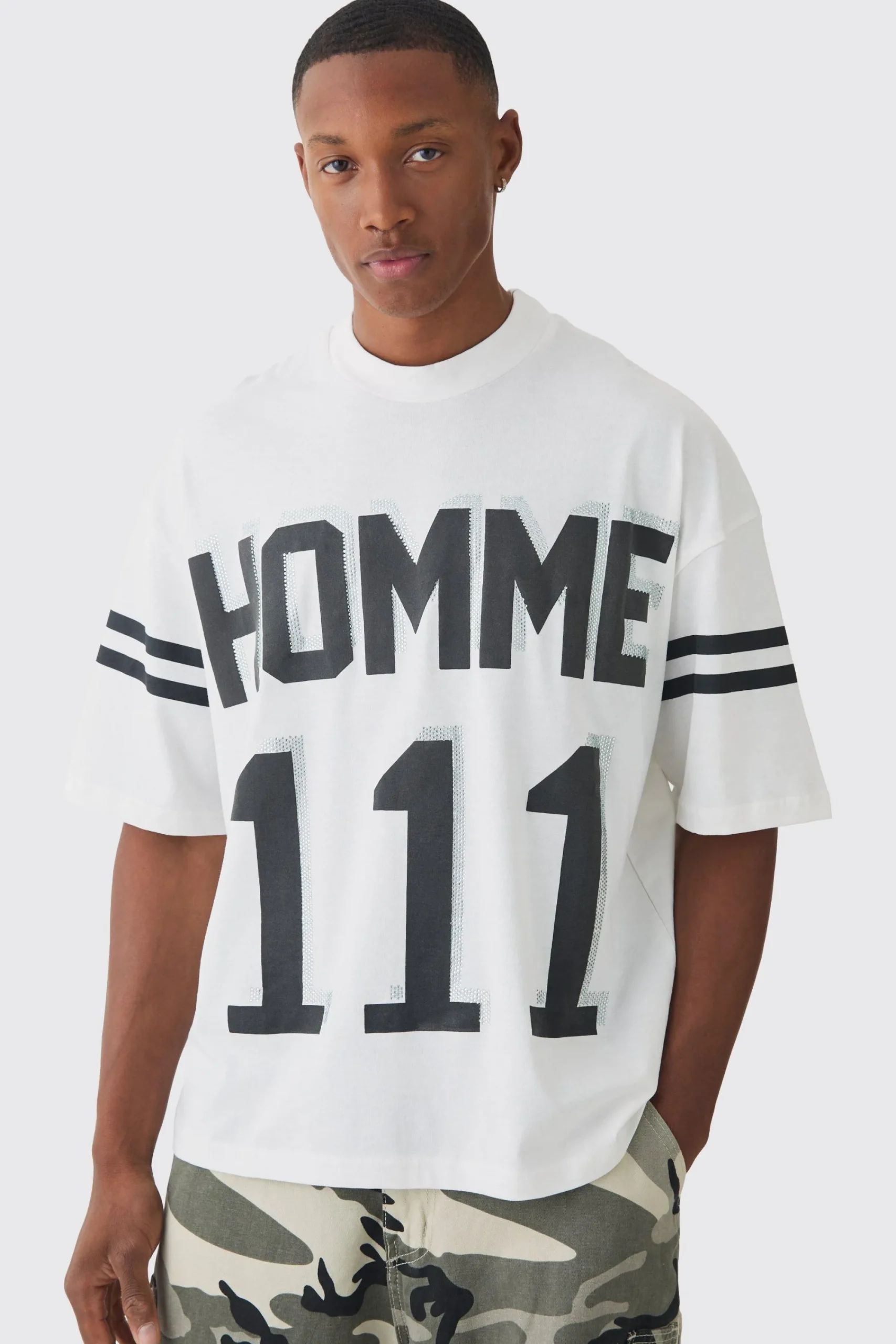 Oversized Boxy Extended Neck 111 Rhinestone T-shirt | UK^boohooMAN Discount