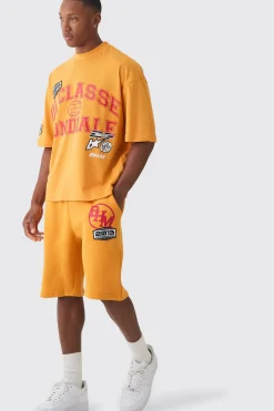 boohooMAN Oversized Boxy Extended Neck Applique T-shirt & Short Set | UK| Sets & Co-Ords|Tracksuits