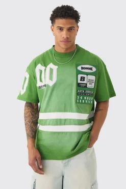 Oversized Boxy Extended Neck Washed Applique Moto T-shirt | UK^boohooMAN Hot
