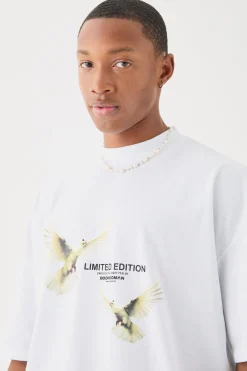 Oversized Boxy Extended Neck Limited Edition Dove Back Print T-shirt | UK^boohooMAN Sale