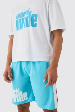 boohooMAN Oversized Boxy Extended Neck Worldwide T-shirt Mesh Shorts Set | UK| Sets & Co-Ords|Tracksuits