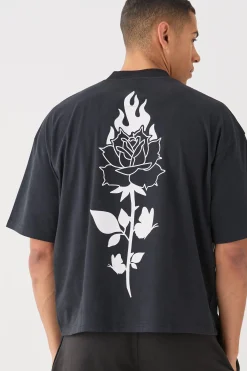 Oversized Boxy Extended Neck Peached Heavyweight Line Drawning T-shirt | UK^boohooMAN Online