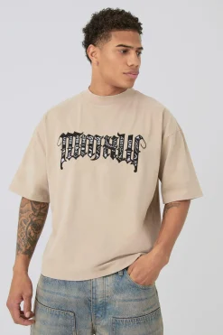 Oversized Boxy Extended Neck Peached Heavyweight Applique T-shirt | UK^boohooMAN New
