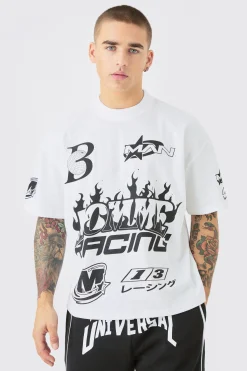 Oversized Boxy Extended Neck Homme Moto Graphic T-shirt | UK^boohooMAN