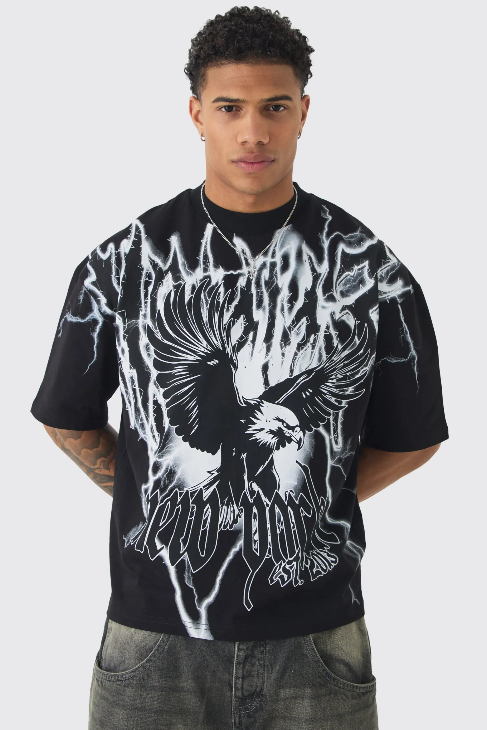 Oversized Boxy Extended Neck Extreme Eagle T-shirt | UK^boohooMAN Best