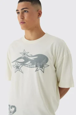 Oversized Boxy Extended Neck Flame Star Print T-Shirt | UK^boohooMAN Sale