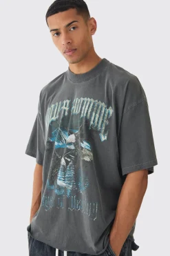 Oversized Boxy Extended Neck Eagle Print Raw Hem T-Shirt | UK^boohooMAN Sale