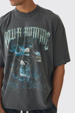 Oversized Boxy Extended Neck Eagle Print Raw Hem T-Shirt | UK^boohooMAN Sale