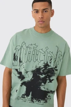 Oversized Boxy Extended Neck Washed Large Scale Print T-Shirt | UK^boohooMAN New
