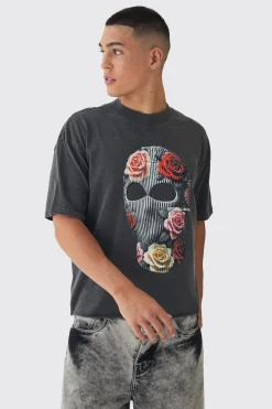 Oversized Boxy Extended Neck Washed Mask Print T-Shirt | UK^boohooMAN New