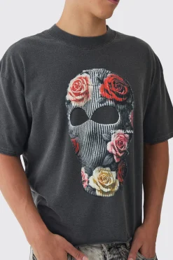 Oversized Boxy Extended Neck Washed Mask Print T-Shirt | UK^boohooMAN New