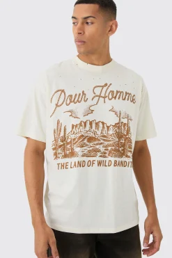 Oversized Boxy Extended Neck Distressed Rodeo Print T-Shirt | UK^boohooMAN Discount