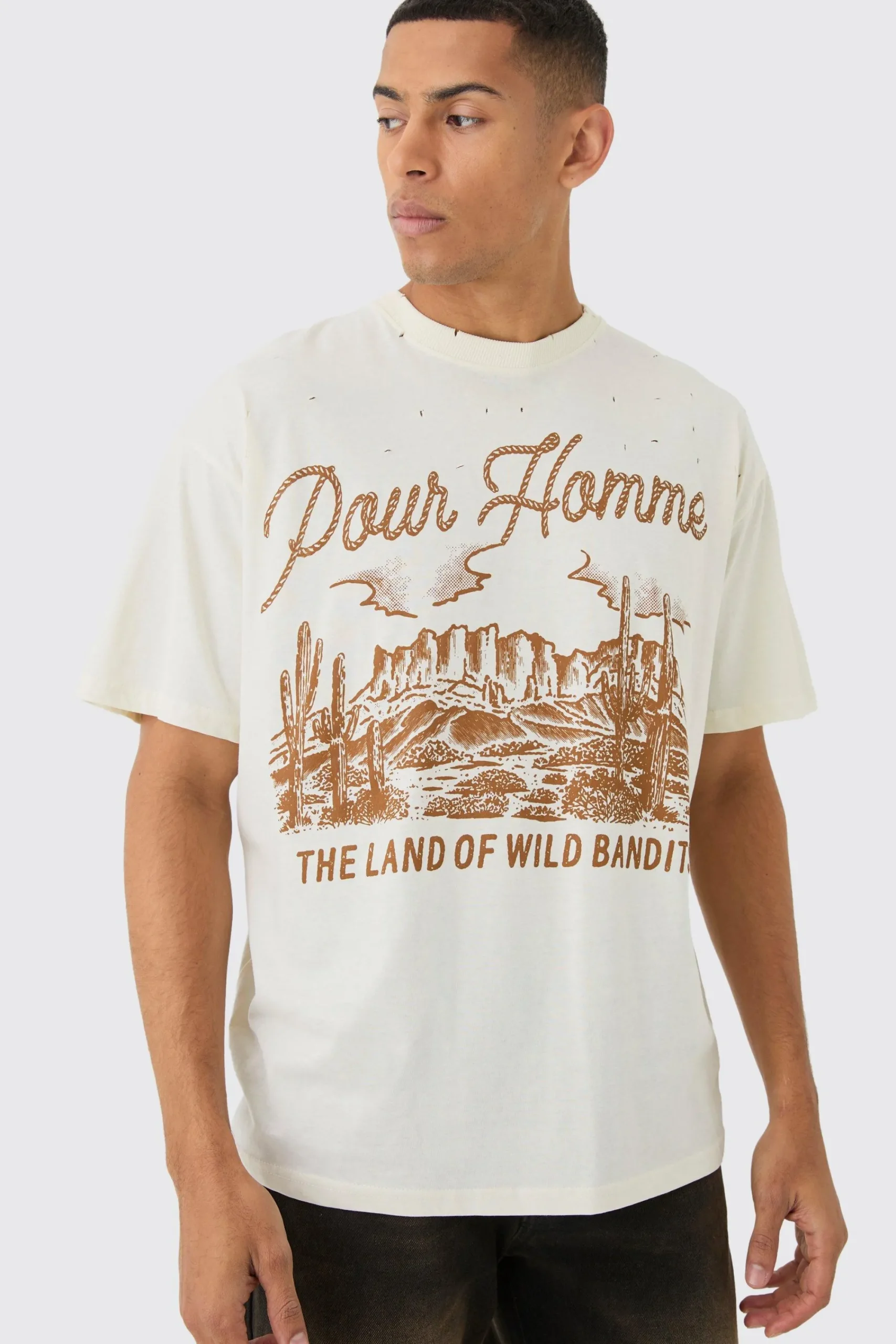 Oversized Boxy Extended Neck Distressed Rodeo Print T-Shirt | UK^boohooMAN Discount