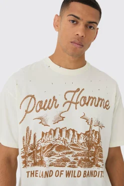Oversized Boxy Extended Neck Distressed Rodeo Print T-Shirt | UK^boohooMAN Discount