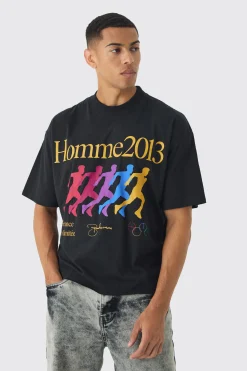 Oversized Boxy Extended Neck Homme Running Print T-Shirt | UK^boohooMAN Sale