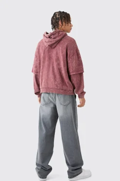 boohooMAN Oversized Boxy Faux Layer Acid Wash Ofcl Embroidered Hoodie | UK| Hoodies & Sweatshirts