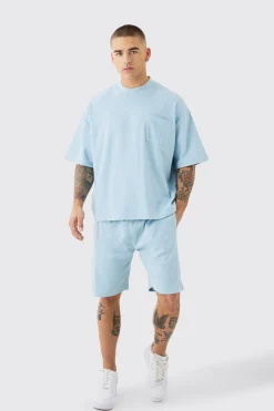 boohooMAN Oversized Boxy Fit Double Knit Mesh T-shirt & Short Set | UK| Sets & Co-Ords|Tracksuits