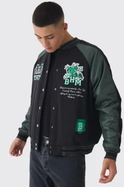 boohooMAN Oversized Boxy Floral Applique Jersey Varsity Jacket | UK| Coats & Jackets