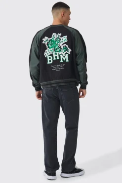 boohooMAN Oversized Boxy Floral Applique Jersey Varsity Jacket | UK| Coats & Jackets