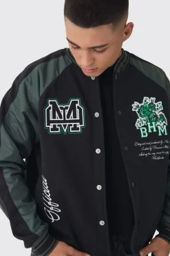 boohooMAN Oversized Boxy Floral Applique Jersey Varsity Jacket | UK| Coats & Jackets