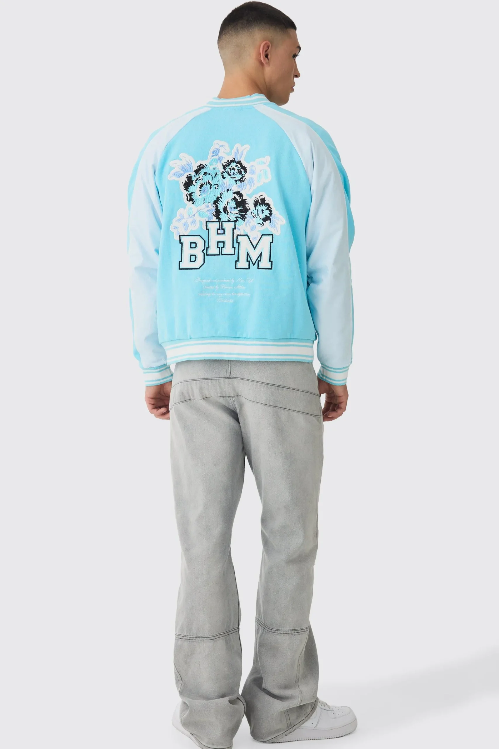 boohooMAN Oversized Boxy Floral Applique Jersey Varsity Jacket | UK| Coats & Jackets