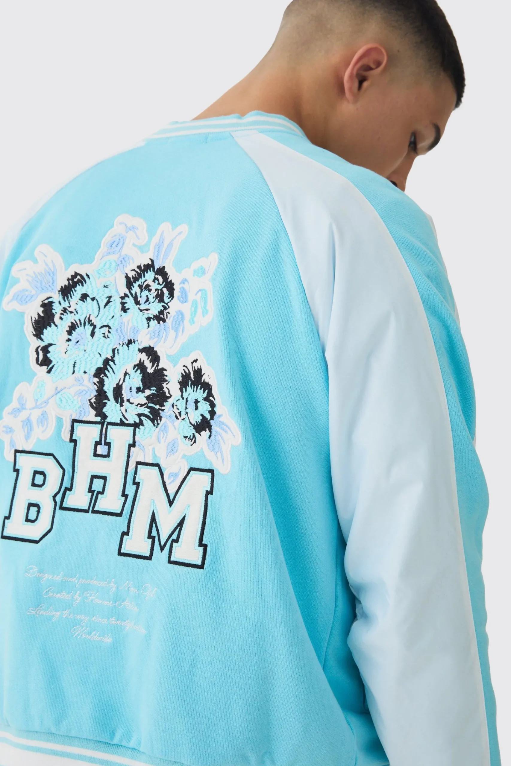 boohooMAN Oversized Boxy Floral Applique Jersey Varsity Jacket | UK| Coats & Jackets