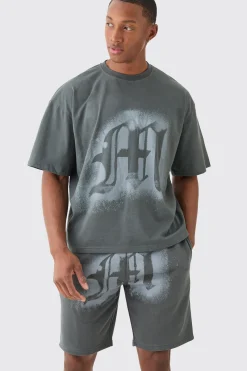 boohooMAN Oversized Boxy Graffiti Spray Graphic T-shirt Set | UK| Tracksuits