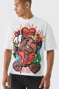 Oversized Boxy Grafitti Bear Graphic T-shirt | UK^boohooMAN Sale