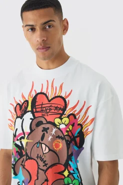 Oversized Boxy Grafitti Bear Graphic T-shirt | UK^boohooMAN Sale