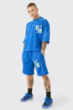 boohooMAN Oversized Boxy Half Sleeve BM Print T-shirt & Short Set | UK| Sets & Co-Ords|Tracksuits