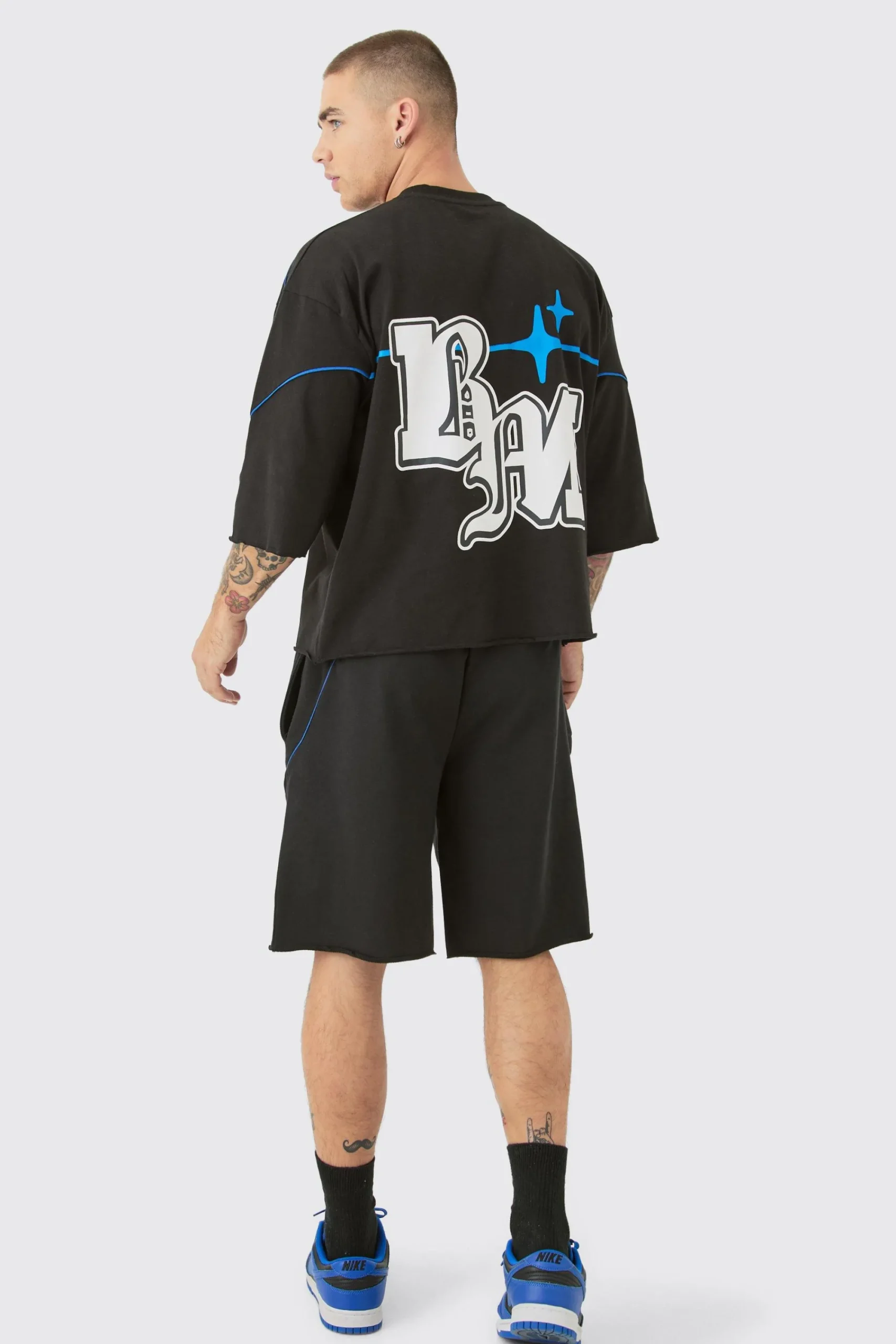 boohooMAN Oversized Boxy Half Sleeve BM Print Raw Hem T-shirt Set | UK| Sets & Co-Ords|Tracksuits