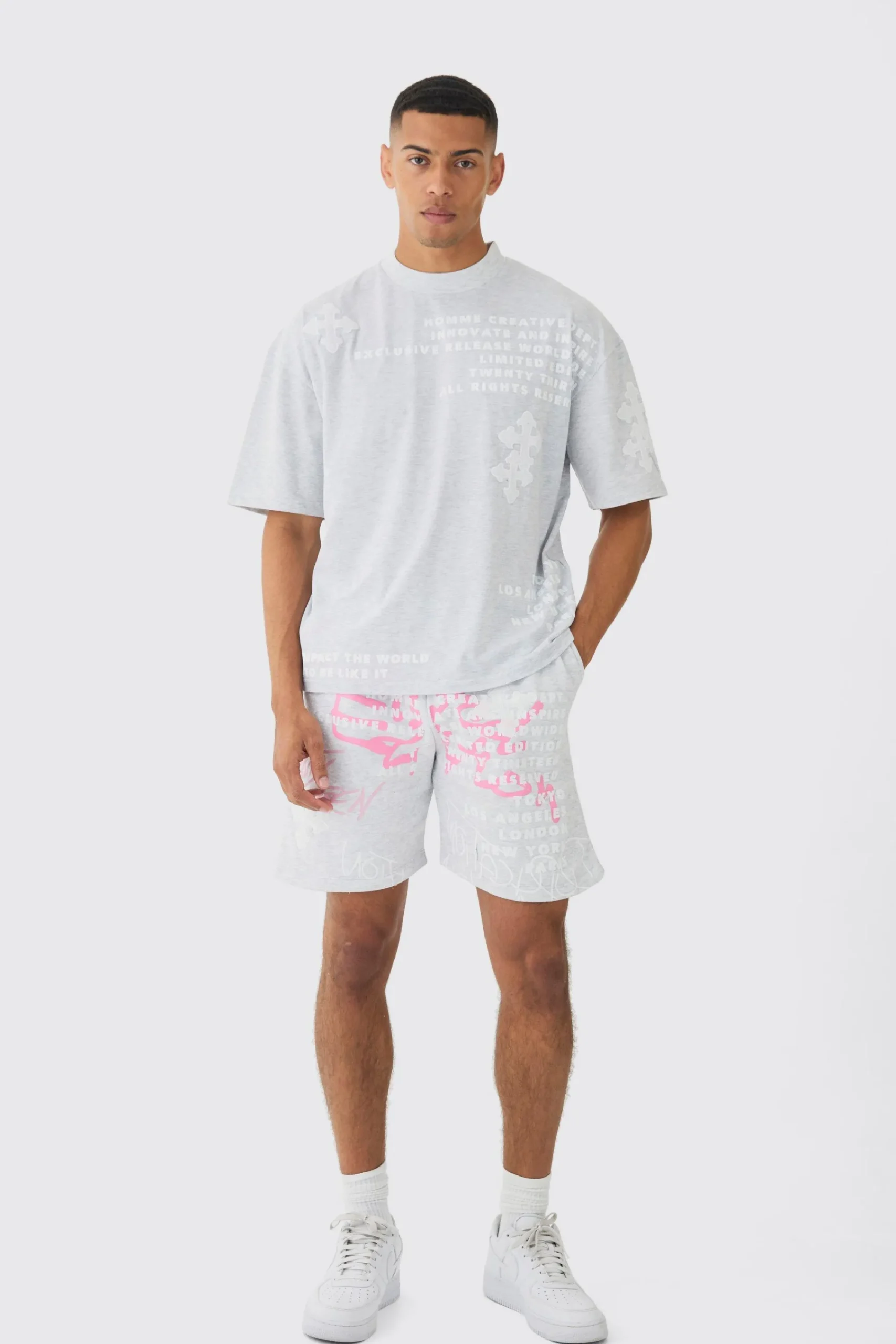boohooMAN Oversized Boxy Half Sleeve Cross Applique T-shirt & Short Set | UK| Sets & Co-Ords|Tracksuits