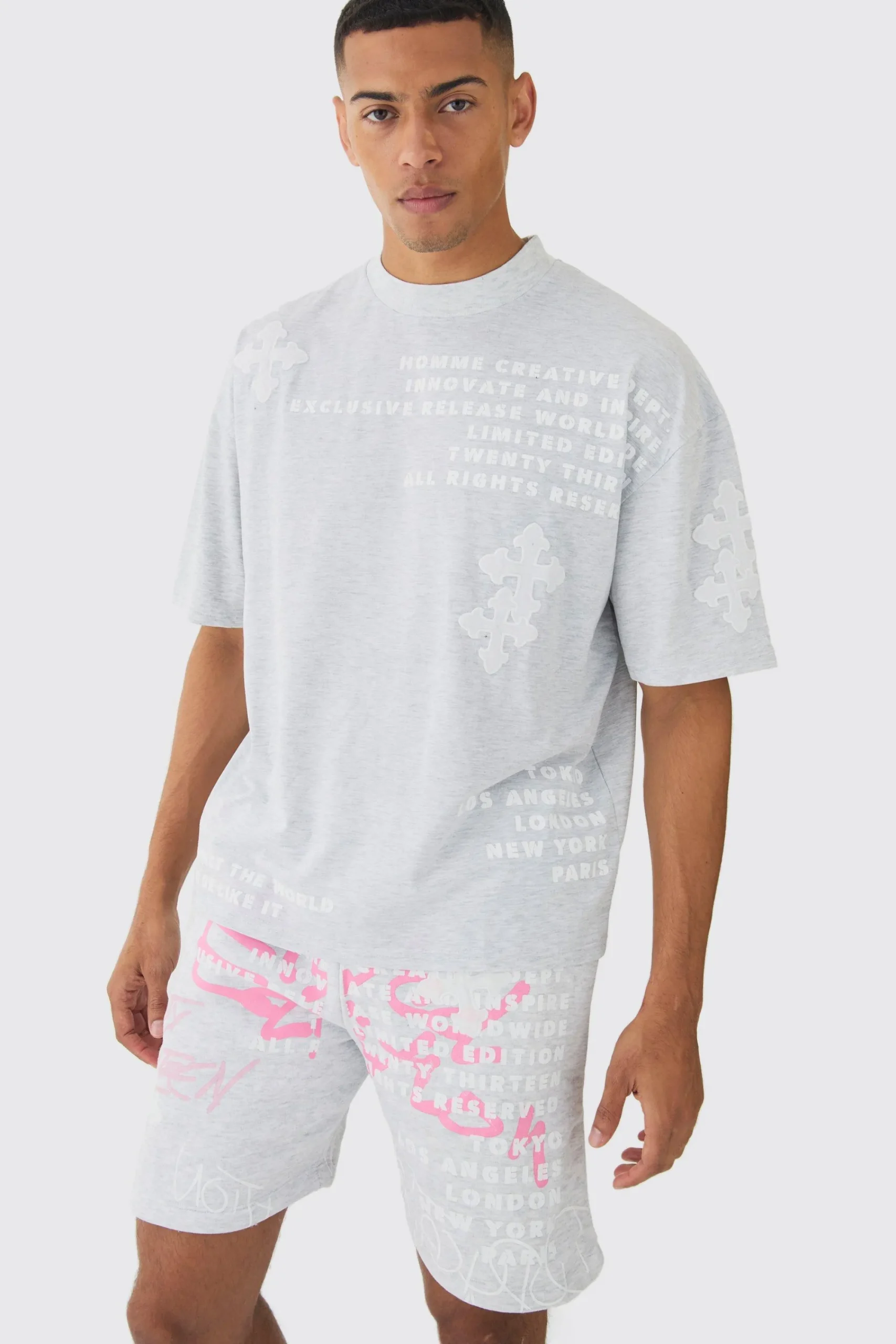 boohooMAN Oversized Boxy Half Sleeve Cross Applique T-shirt & Short Set | UK| Sets & Co-Ords|Tracksuits