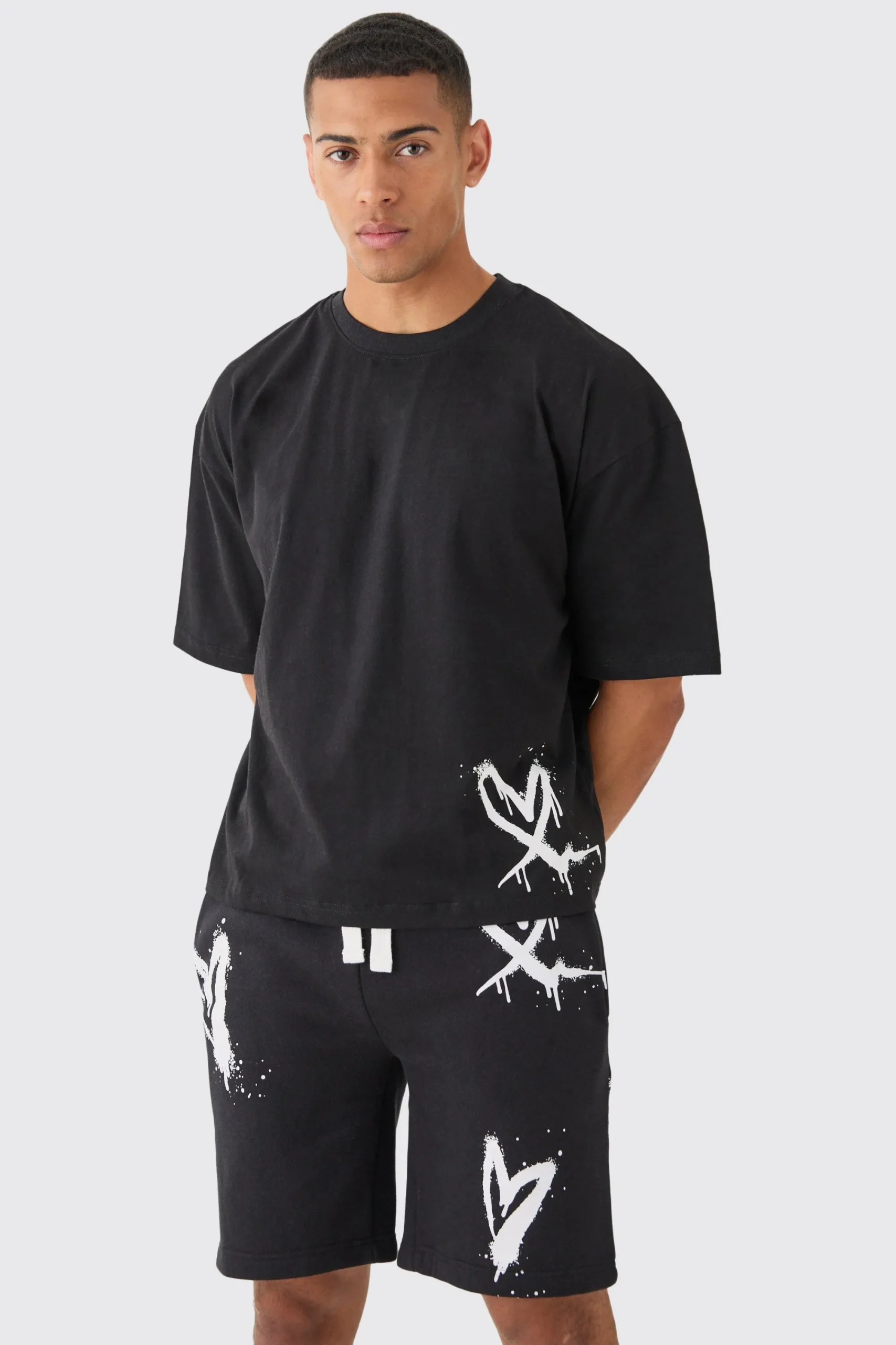 boohooMAN Oversized Boxy Heart Print T-shirt And Short Set | UK| Sets & Co-Ords|Tracksuits