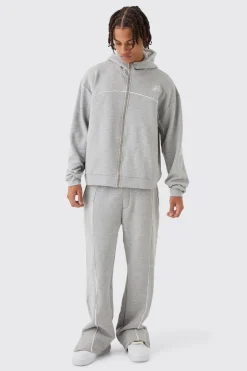 boohooMAN Oversized Boxy Heavyweight Embroidered Piping Hooded Tracksuit | UK| Tracksuits