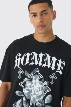 Oversized Boxy Homme Cross Print T-Shirt | UK^boohooMAN New