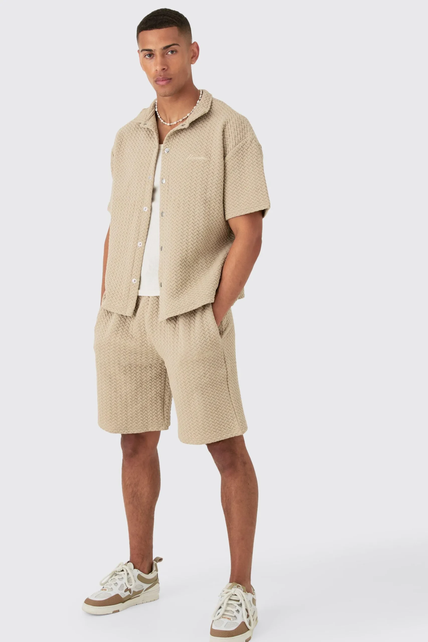 boohooMAN Oversized Boxy Homme Embroided Textured Polo And Short Set | UK| Sets & Co-Ords|Tracksuits