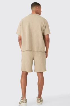 boohooMAN Oversized Boxy Homme Embroided Textured Polo And Short Set | UK| Sets & Co-Ords|Tracksuits