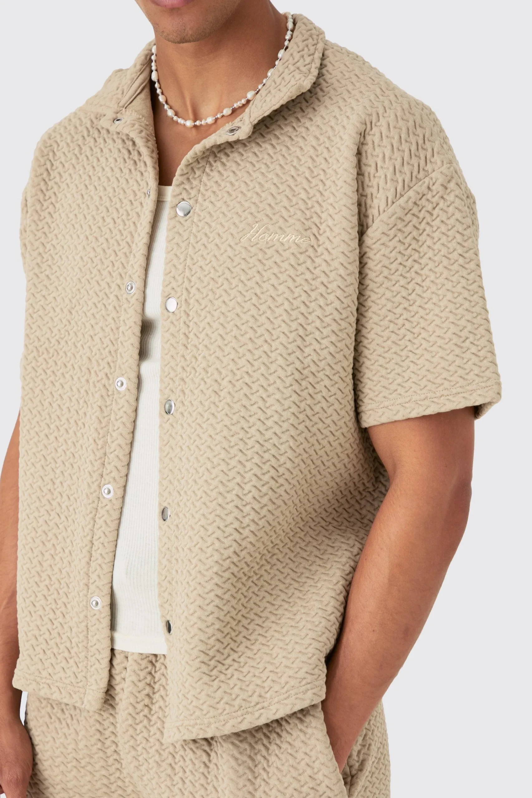 boohooMAN Oversized Boxy Homme Embroided Textured Polo And Short Set | UK| Sets & Co-Ords|Tracksuits