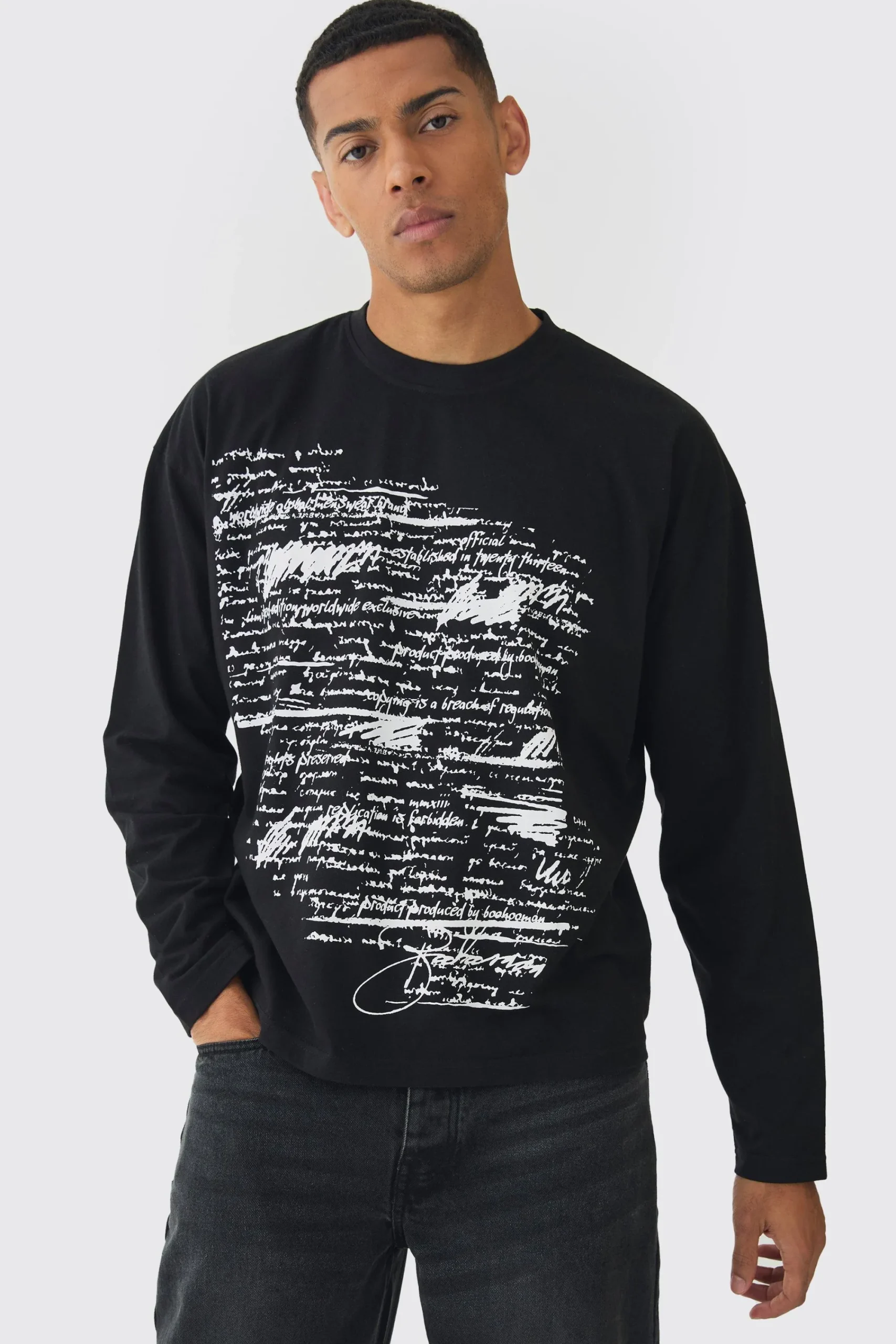Oversized Boxy Large Scale Print Long Sleeve T-Shirt | UK^boohooMAN