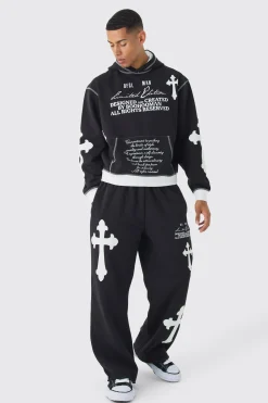 boohooMAN Oversized Boxy Limited Edition Cross Applique Hoodie And Jogger Tracksuit | UK| Tracksuits|Hoodies & Sweatshirts