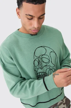 boohooMAN Oversized Boxy Line Drawing Contrast Stitch Jumper | UK| Knitwear