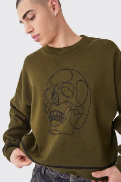 boohooMAN Oversized Boxy Line Drawing Contrast Stitch Jumper | UK| Knitwear