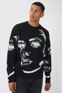 boohooMAN Oversized Boxy Line Face Knitted Jumper | UK| Knitwear
