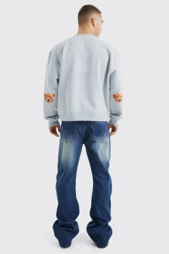 boohooMAN Oversized Boxy Luxe Applique Bear Sweatshirt | UK| Hoodies & Sweatshirts