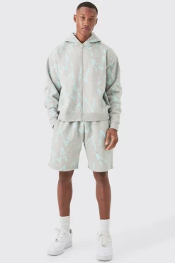 boohooMAN Oversized Boxy Man All Over Print Zip Hoodie Short Tracksuit | UK| Tracksuits