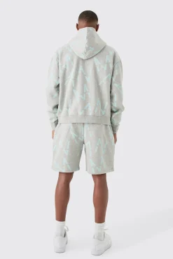 boohooMAN Oversized Boxy Man All Over Print Zip Hoodie Short Tracksuit | UK| Tracksuits