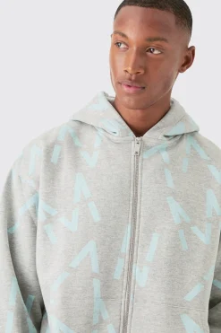 boohooMAN Oversized Boxy Man All Over Print Zip Hoodie Short Tracksuit | UK| Tracksuits